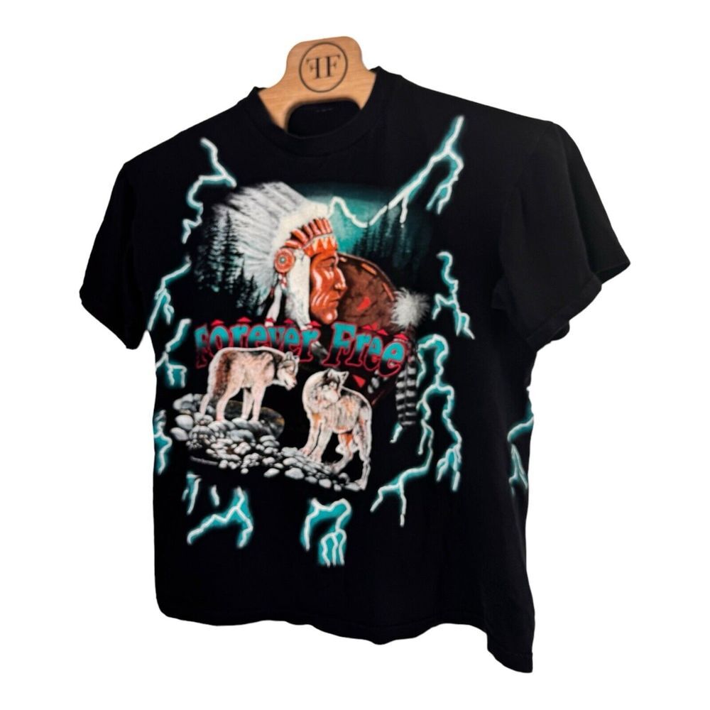 Vintage American Thunder Shirt XL Single Stitch Black Forever Free"Graphic 90's